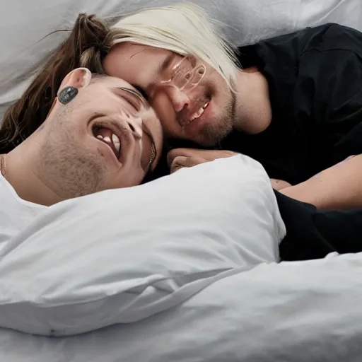 Image similar to pewdiepie lying in bed with billie eilish 4k