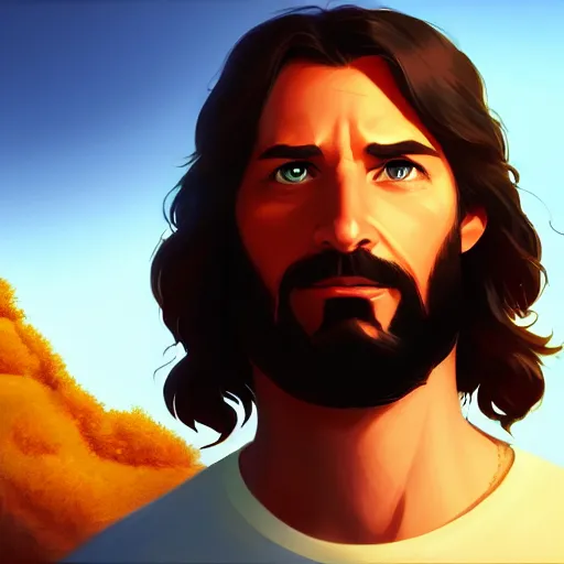 Image similar to Portrait of Jesus Christ, mattepainting concept Blizzard pixar maya engine on stylized background splash comics global illumination lighting artstation lois van baarle, ilya kuvshinov, rossdraws