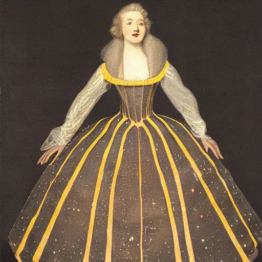 Prompt: a quasar crinoline dress of the cosmic 18th century