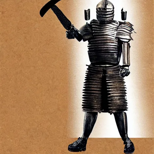 Image similar to hyperrealistic, cardboard boxman with cardboard armor, wielding a cardboard sword inside a kitchen, cabinets, stove