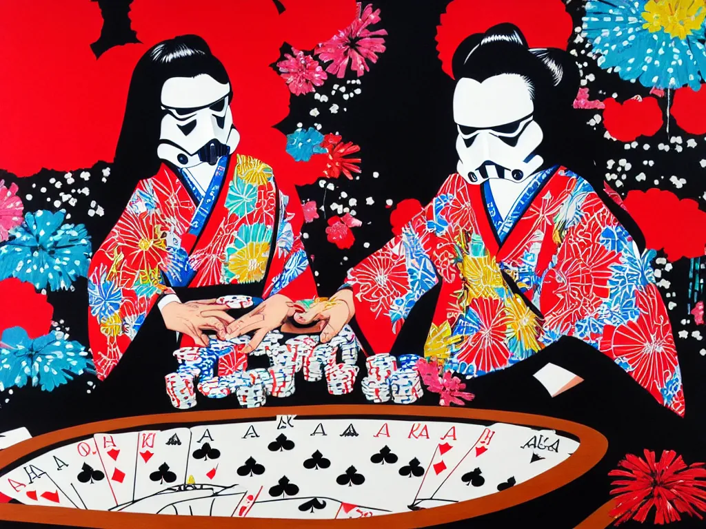 Image similar to hyperrealism composition of the detailed single woman in a japanese kimono sitting at an extremely detailed poker table with stormtrooper, fireworks, river on the background, pop - art style, jacky tsai style, andy warhol style, acrylic on canvas