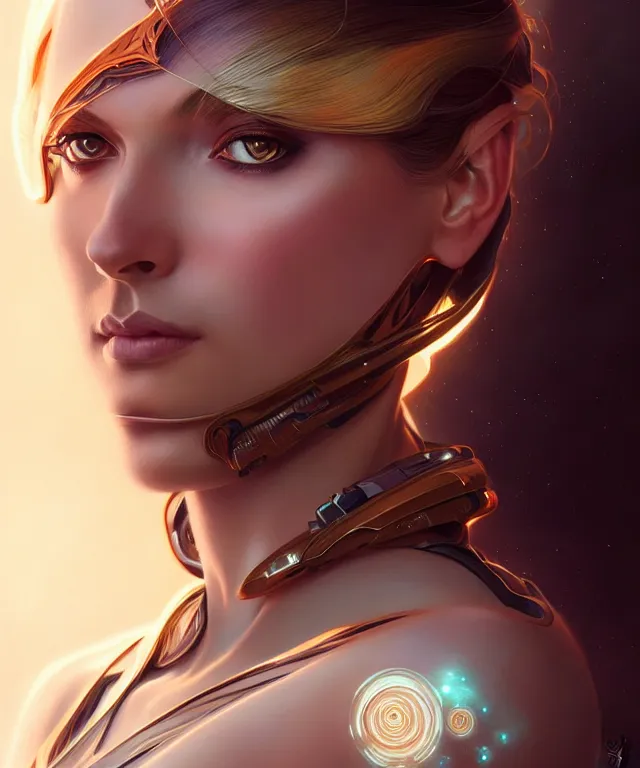 Image similar to futuristic woman portrait, sci-fi, amber eyes, face, long hair, fantasy, intricate, elegant, highly detailed, digital painting, artstation, concept art, smooth, sharp focus, illustration, art by artgerm and greg rutkowski and alphonse mucha