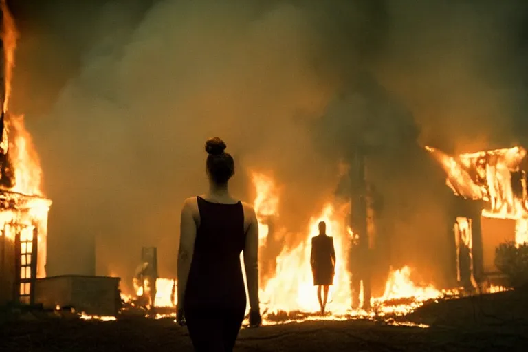 Image similar to Gregory Crewdson full color Photography, A woman walks calmly while her house is on fire