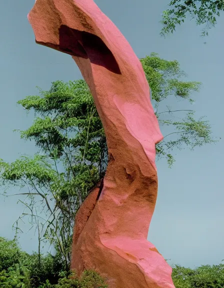 Image similar to vintage color photo of a giant 1 1 0 million years old abstract sculpture made of liquid pink gold covered by the jungle vines