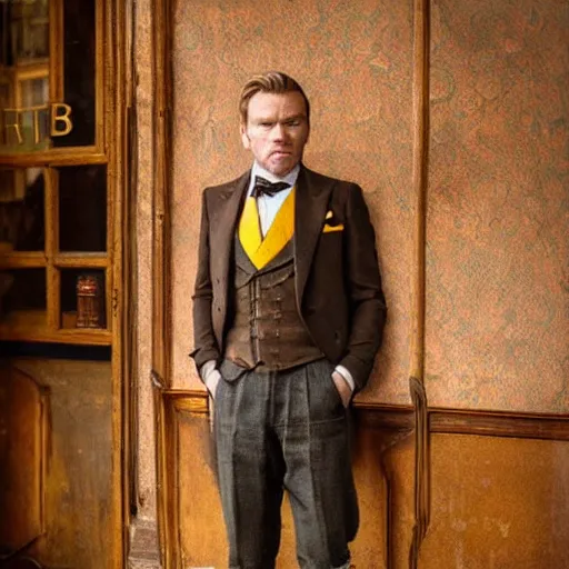 Prompt: ewan mcgregor from behind dressed as a gentleman in early 2 0 th century paris cafe. warm colour, brown colours, yellow colours