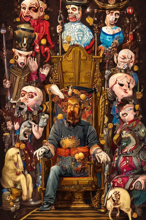 Image similar to a man sitting in a throne, surrounded by your alternative personalities in lowbrow art style