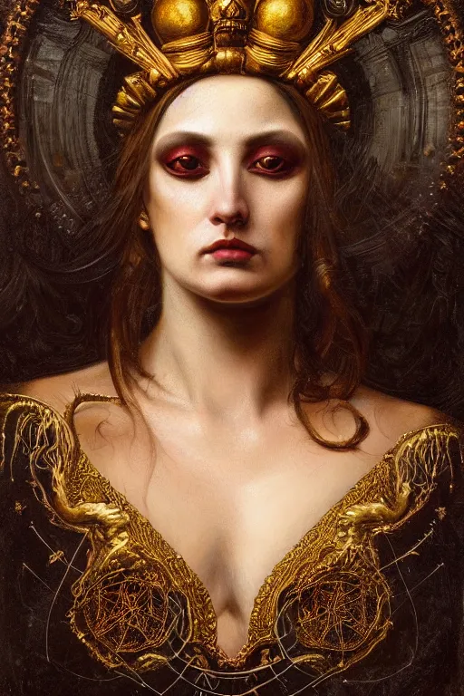 Image similar to hyper realistic painting portrait of madness queen, occult diagram, elaborate details, detailed face, intrincate ornaments, gold decoration, occult art, oil painting, art noveau, in the style of roberto ferri, gustav moreau, jean delville, bussiere, andrew gonzalez