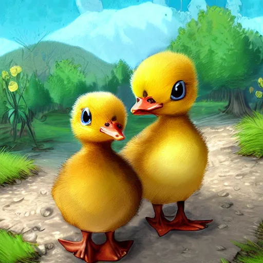 Prompt: two baby ducklings wearing armour going on an adventure, fantasy, detailed digital art