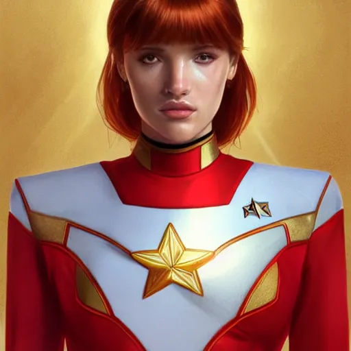 Image similar to ultra realistic illustration, bella thorne as captain wearing star trek red uniform, intricate, elegant, highly detailed, digital painting, artstation, concept art, smooth, sharp focus, illustration, art by artgerm and greg rutkowski and alphonse mucha