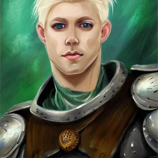 Image similar to oil painting of a beautiful platinum blond curly haired cleanshaven himbo with heterochromia, one blue eye one green eye, wearing heavy armor, d & d fantasy concept art