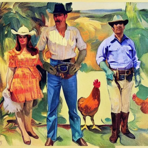 Prompt: a 6 0 s western poster, chickens, a mexican woman, a man and a movie camera, 6 0 s western movie, painted by sorolla and anders zorn, muted colour palette