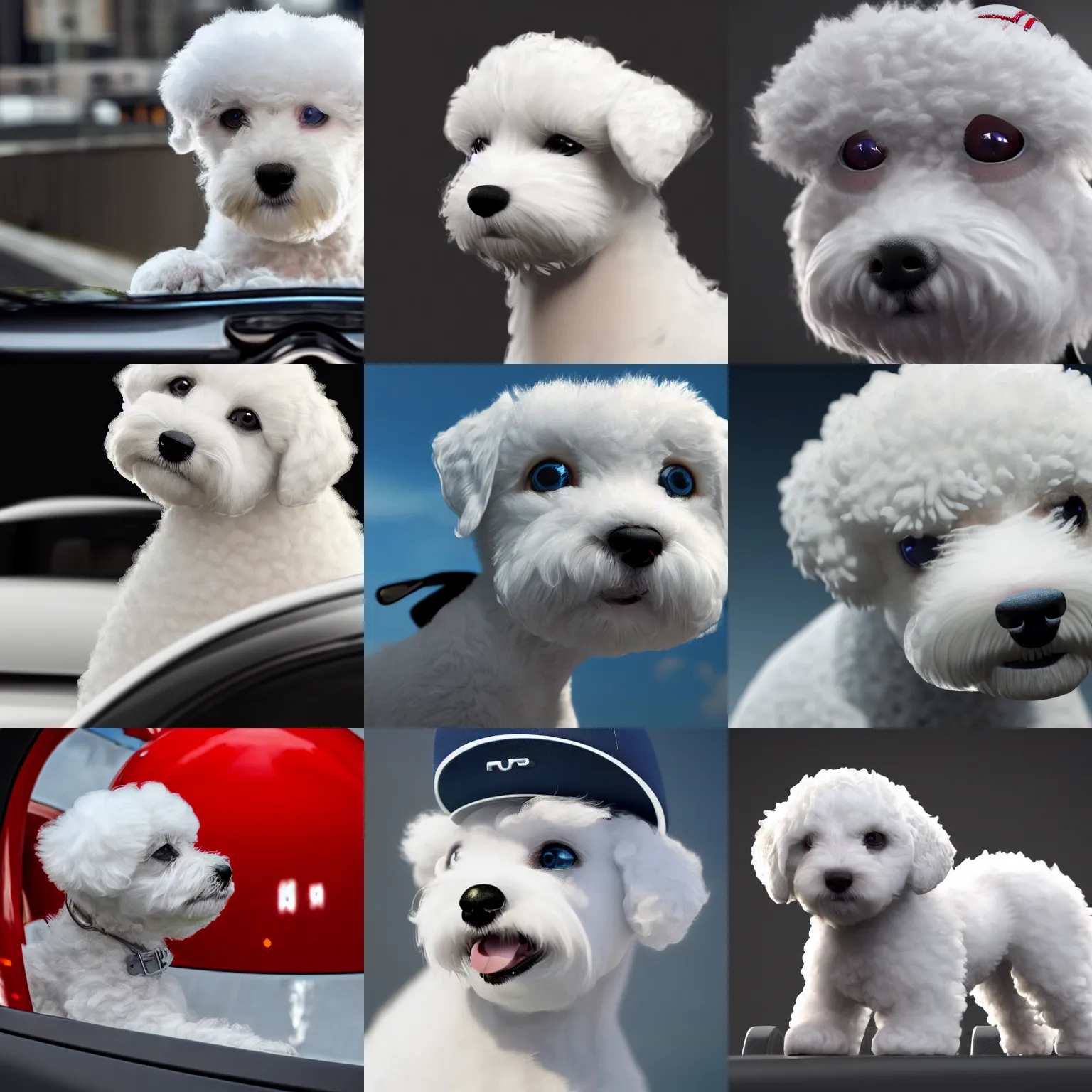 Prompt: a closeup photorealistic photograph of a white bichon puppy wearing a baseball cap while driving a futuristic motorcycle Trending on Artstation, featured on Behance, well-rendered, Unreal Engine, 4K HD