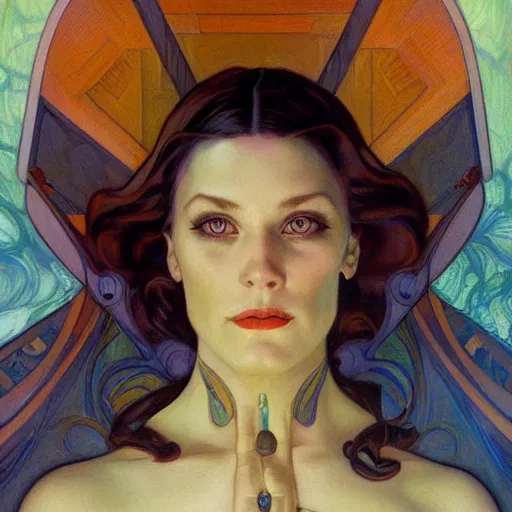 Prompt: a streamline moderne painting in the style of donato giancola, and in the style of tom bagshaw, and in the style of alphonse mucha. symmetry, smooth, sharp focus, semi - realism, intricate detail.