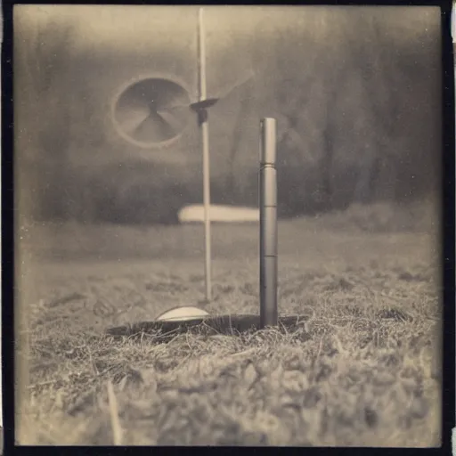 Image similar to old polaroid depicting an metallic alien probe, at a clearing