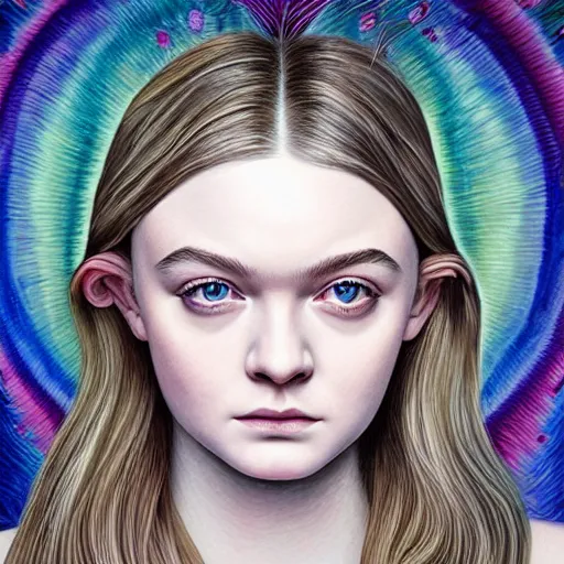 Prompt: professional painting of Elle Fanning in the style of Alex Grey, head and shoulders portrait, symmetrical facial features, smooth, sharp focus, illustration, intricate, stormy weather, extremely detailed masterpiece,