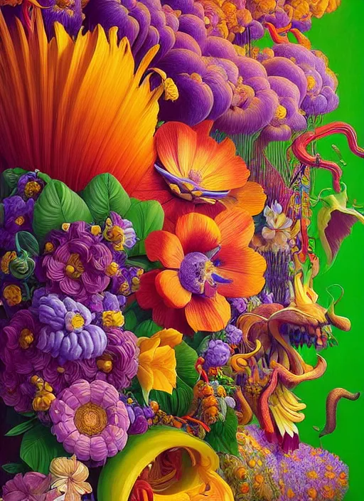 Image similar to hyper detailed illustration like a Oil painting - a vivid exotic flower bouquet, long petals, huge blossoms, by Jacek Yerka, Mariusz Lewandowski, Houdini algorithmic chromatic colors, long brush strokes, Masterpiece, Edward Hopper and James Gilleard, Zdzislaw Beksinski, Mark Ryden, Wolfgang Lettl, hints of Yayoi Kasuma, octane render, 8k