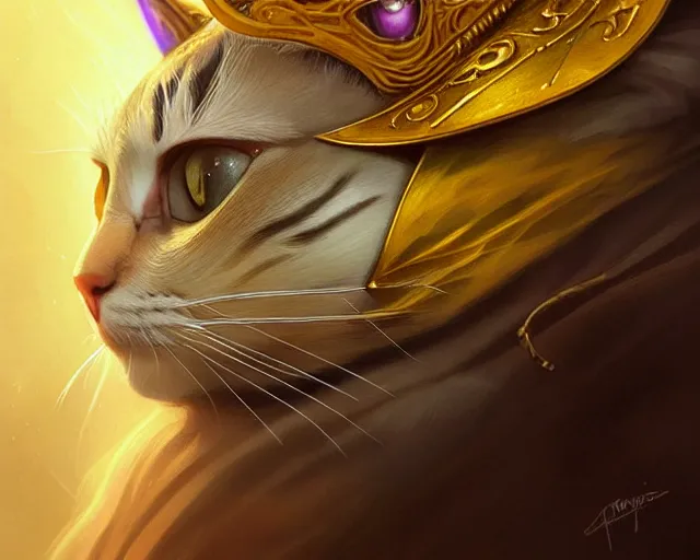 Image similar to a mind - blowing portrait of a cat wizard, yellow wizard hat, deep focus, d & d, fantasy, intricate, elegant, highly detailed, digital painting, artstation, concept art, matte, sharp, illustration, hearthstone, art by artgerm and greg rutkowski and alphonse mucha