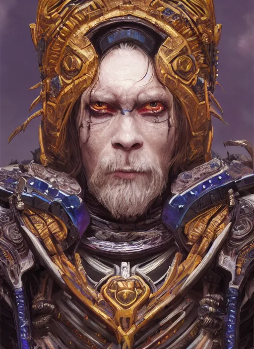 Image similar to masterpiece portrait of a deathlord shaman with cosmic armor, au naturel, hyper detailed, digital art, trending in artstation, cinematic lighting, studio quality, smooth render, unreal engine 5 rendered, octane rendered, art style by klimt and nixeu and ian sprigger and wlop and krenz cushart and kim jung gi and greg rutkowski