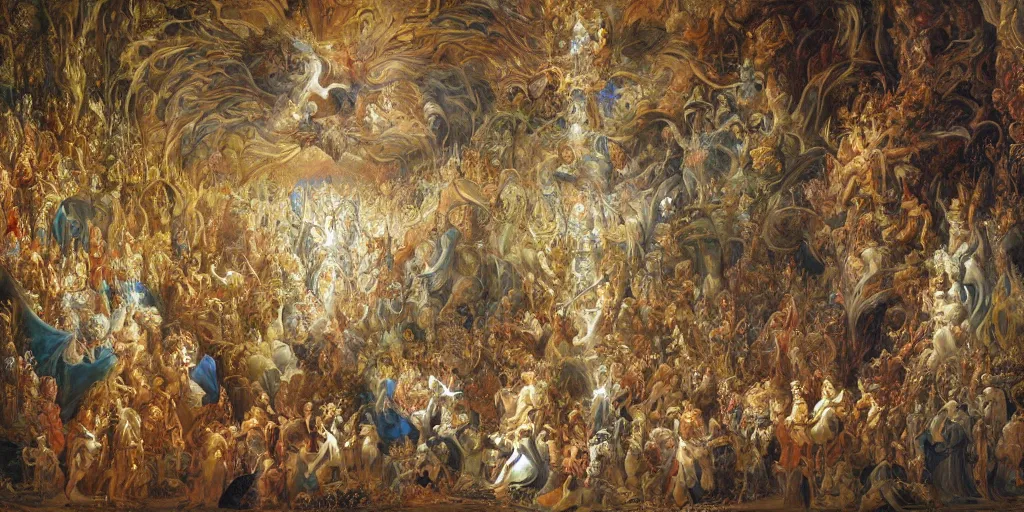 Image similar to the cat god reborn under the holy light high up in a Gaudí style church surrounded by his subjects and armies, in style of Jean-Honore Fragonard, surrealist