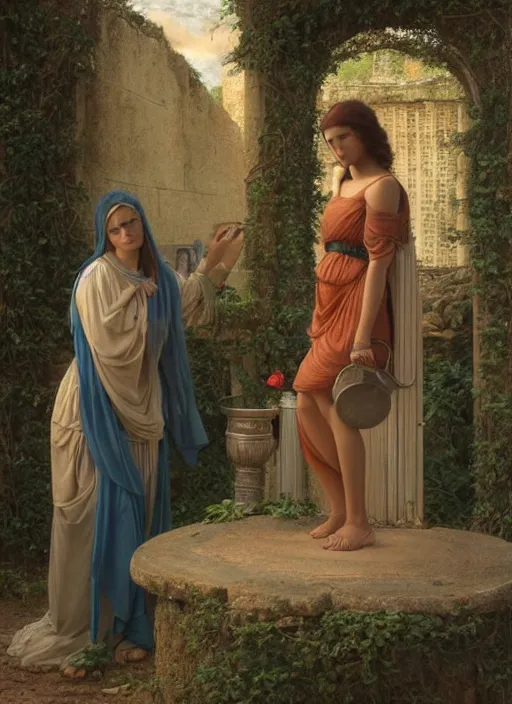 Image similar to beautiful art portrait by John William Godward and Anna Dittman depicting jesus and the samaritan woman at the well in the judean countryside, evening, atmospheric lighting, intricate detail, cgsociety, hyperrealistic, octane render, ambient light, dynamic lighting