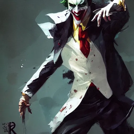 Image similar to joker, full body, dynamic pose, painted by greg rutkowski