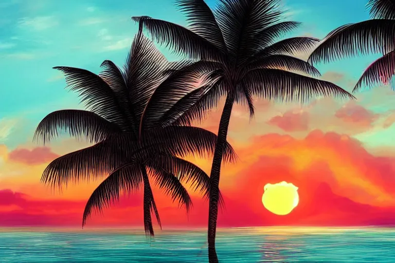 Prompt: beautiful digital painting of a fantasy tropical island beach, with large sun on the horizon, at sunset, trending on artstation, purple orange red color scheme, 4 k, atmospheric effects, cinematic lights