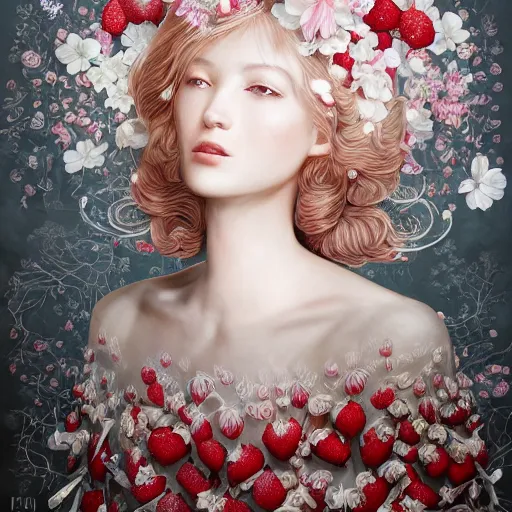 Image similar to the portrait of an absurdly beautiful, graceful, elegant, sophisticated, fashionable young woman made of strawberries and white petals looking down, an ultrafine hyperdetailed illustration by kim jung gi, irakli nadar, intricate linework, bright colors, octopath traveler, final fantasy, unreal engine 5 highly rendered, global illumination, radiant light, detailed and intricate environment