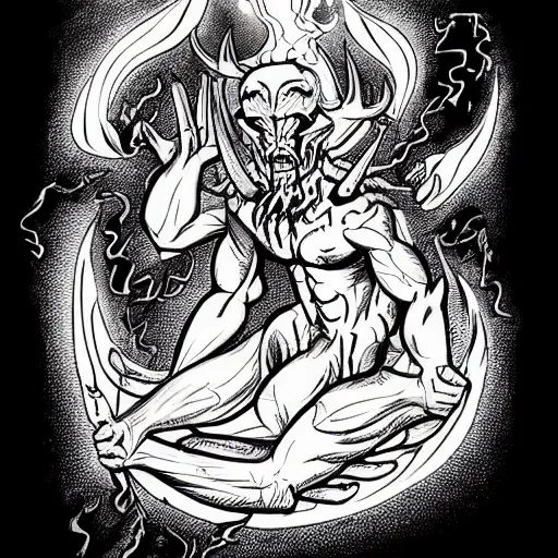 Image similar to full body drawing by Luke Starkie of a muscled horned Satan Devil , swimming tuxedo, red flames in background