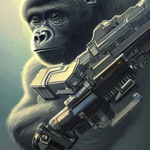 Image similar to detailed science - fiction character portrait of a silverback gorilla shooting a alien gun in space, intricate, wild, highly detailed, digital painting, artstation, concept art, smooth, sharp focus, illustration, art by artgerm and greg rutkowski and alphonse mucha