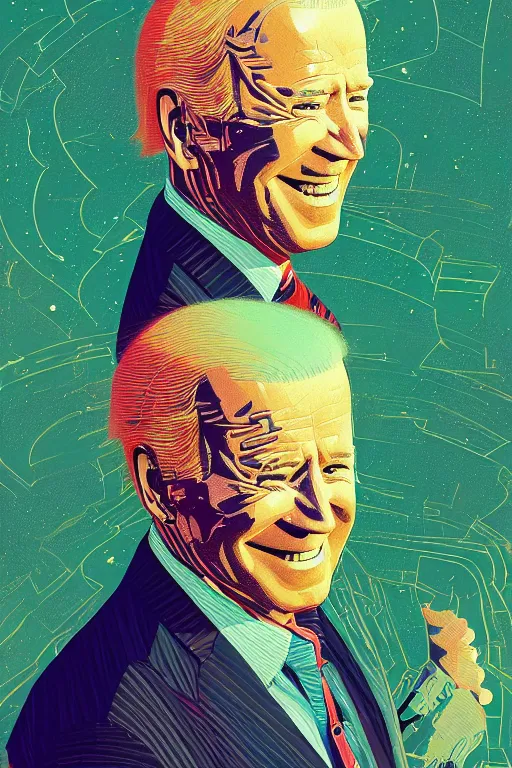 Prompt: portrait of joe biden walking towards camera, smiling down from above turned away, artstation winner by victo ngai, kilian eng and by jake parker vibrant colors, winning - award masterpiece, fantastically gaudy, aesthetic octane render, 8 k hd resolution