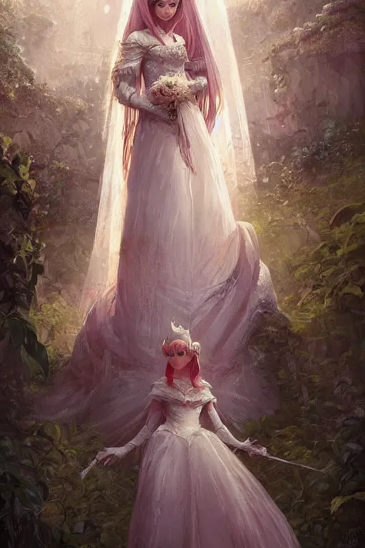 Image similar to Princess Peach in her wedding dress, extremely long hair, epic fantasy art by Greg Rutkowski