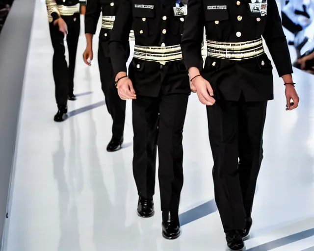 Image similar to SS officers in disco themed uniforms walking on the catwalk of a Hugo Boss fashion show, promotional pictures, 8k, coloured