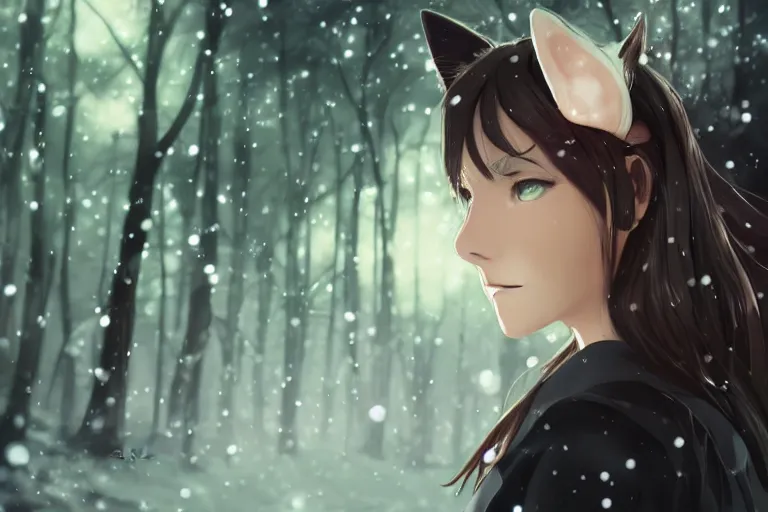 Prompt: female mage with cat ears in a snowy forest, detailed attractive face, fantasy art, anime style, by charlie bowater, by makoto shinkai, by studio ghibli, atmospheric, vector art, 4 k film still, close up portrait