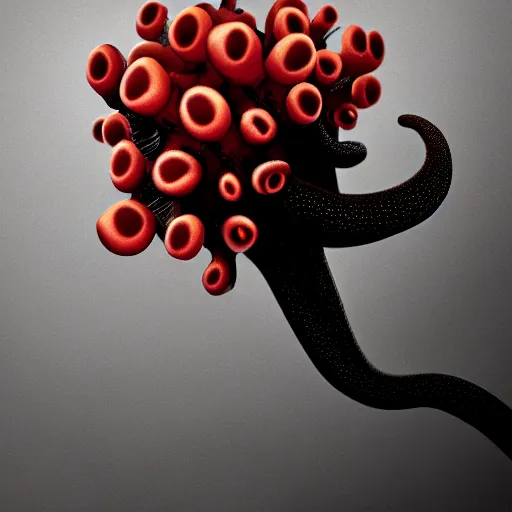 Prompt: hyperrealistic clicker from the last of us, flowers blooming and bursting, octopus, jellyfish, black and white, high contrast, soft focus, sharp, red, highly detailed