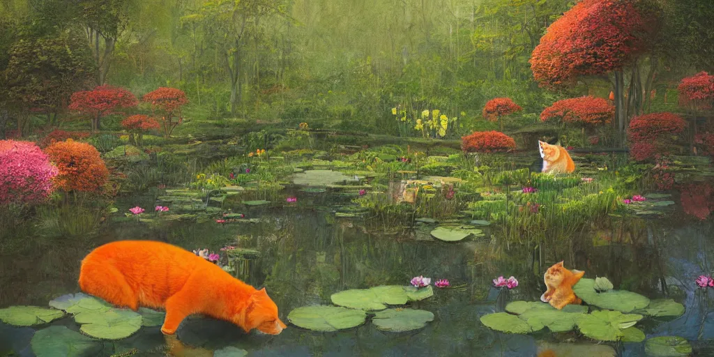 Prompt: a big fat orange cat near a mirror like pond, by alan lee, colorful clothing, springtime flowers and foliage in full bloom, lotus flowers on the water, dark foggy forest background, sunlight filtering through the trees, digital art, art station.