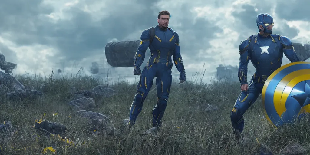 Image similar to an octane render of super soldier with Ukrainian blue and yellow flag at the battle field of avengers endgame, cinematic, high resolution film render 100k, photo realistic, unreal engine