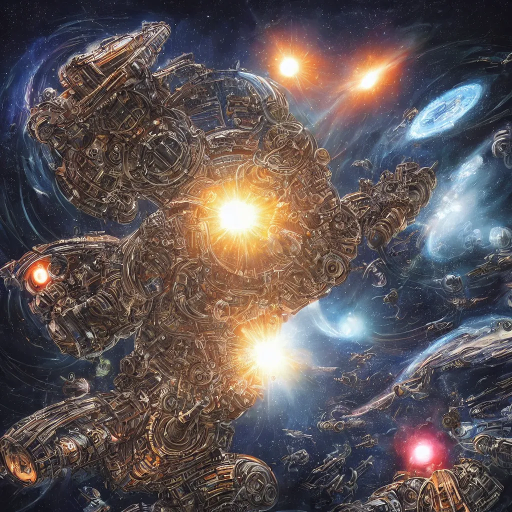 Prompt: mechanical alien god attacking planets in space, art by mark cooper, 8 k, hyper detailed, hdr, intricate, masterpiece