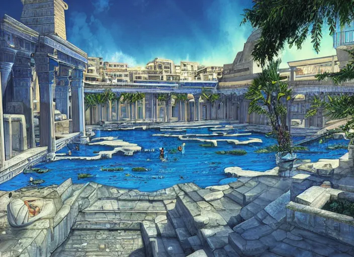 Image similar to A wide open courtyard in an epic, colorful city in ancient Egypt, anime, pyramids, sakura season, at Pamukkale, thermal waters flowing down white and gold travertine terraces, intricate, elegant, luxurious, hint of royal blue, digital painting, concept art, smooth, sharp focus, from Star Trek 2021, illustration, by WLOP and Ruan Jia and Mandy Jurgens and William-Adolphe Bouguereau, Artgerm