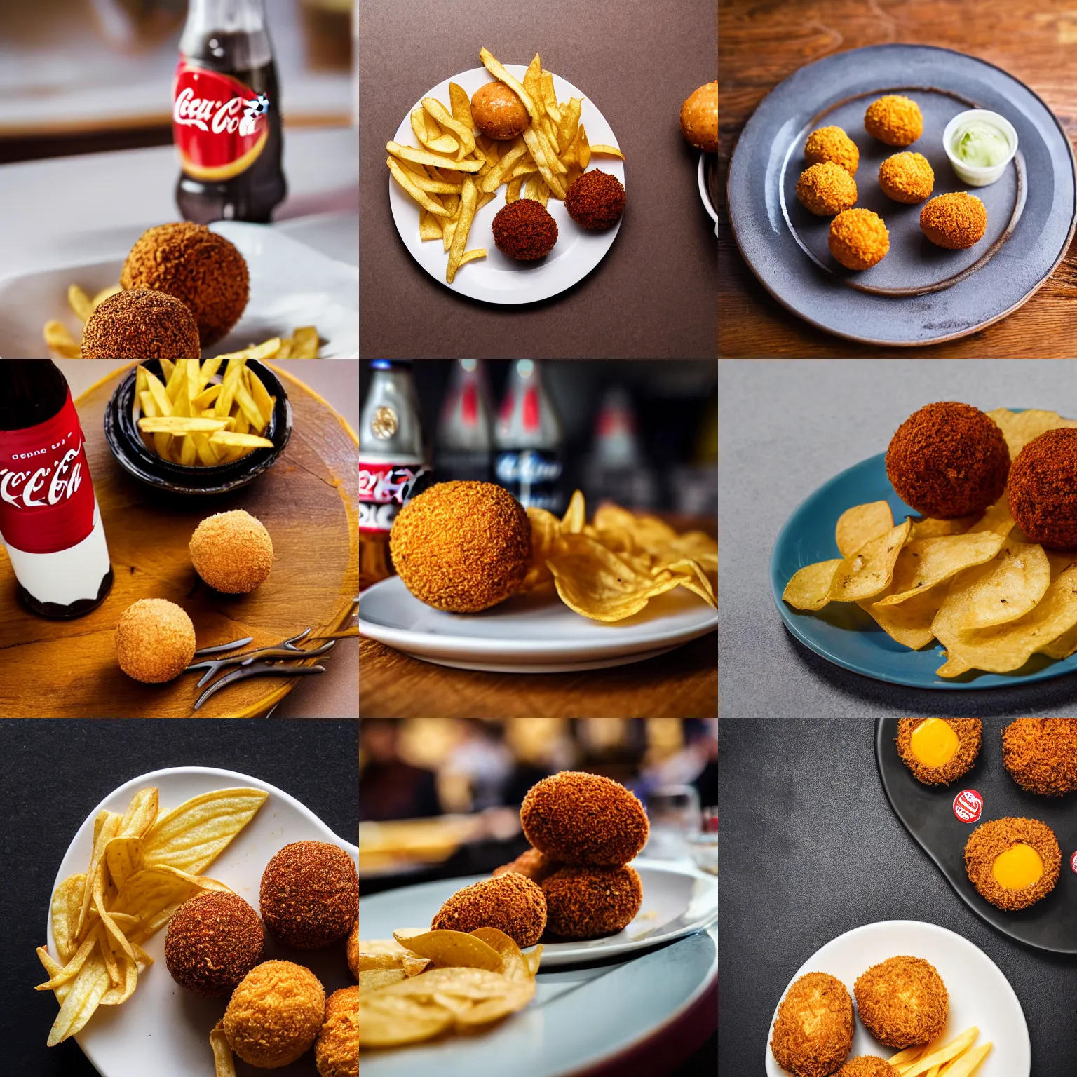 Prompt: A long shot of a plate of chips and scotch eggs, with a glass of Coca Cola, detailed, accurate, deep depth of field, award winning food photography