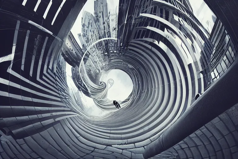 Prompt: urban street twisted into spiral, highly detailed, photorealistic, reflections, smooth, sharp focus, concept art, illustration, beautiful, geometric, trending on artstation, cinematic, featured on behance , artwork by WLOP and Tran, Ross