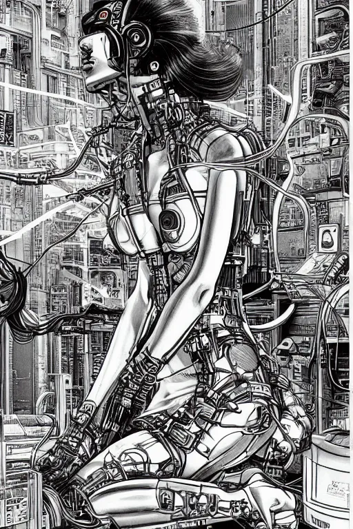 Image similar to an hyper-detailed cyberpunk illustration of a female android seated on the floor in a tech labor, seen from the side with her body open showing cables and wires coming out, by masamune shirow, and katsuhiro otomo, japan, 1980s, centered, colorful