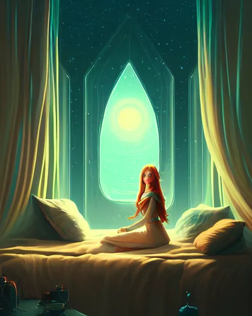 Image similar to beautiful painting of elven sitting on her bed, art by mike winkelmann and by petros afshar, sky night, illustration, highly detailed, simple, smooth and clean vector curves, no jagged lines, vector art, smooth, artstation