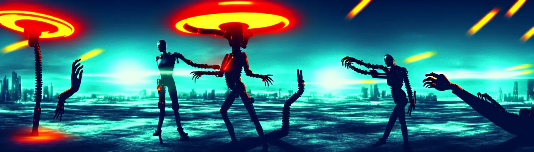 Image similar to apocalyptic ufo scene of cyborg arms with claws reaching out to try and catch fast moving ufos, in the style of blade runner, cyberpunk, laser, smoke, debris