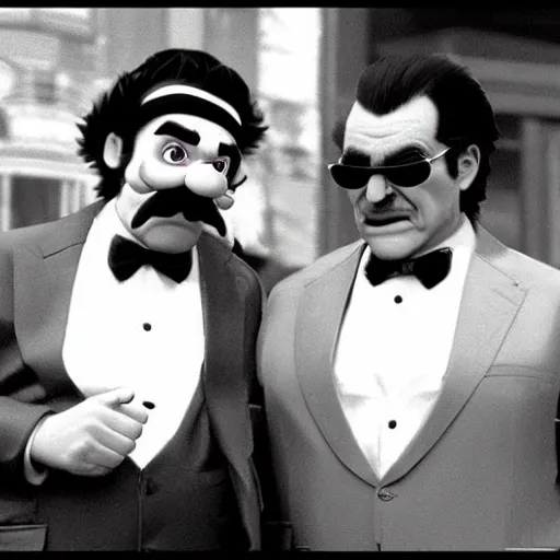 Image similar to wario and waluigi in goodfellas ( photo realistic and hyperrealistic and in high quality )