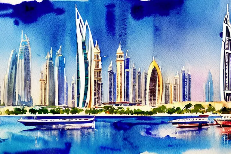 Prompt: a watercolor painting of dubai city skyline, poster art by fikret mualla saygı, featured on behance, modern european ink painting, cityscape, behance hd, stockphoto