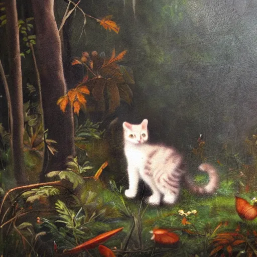 Image similar to kitten exploring wild forest, German Romanticism detailed oil painting