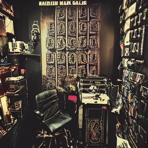 Prompt: cyberpunk hellraiser room of a tattoo artist in the futur dark