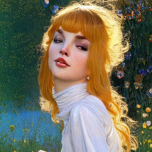 Prompt: A playful young woman with blonde long hair and bangs in shorts and a white blouse drawn by Robert McGinnis and Julie Bell and Zeronis and alphonse mucha, background by James Jean and gustav klimt, 4k, sunny day, volumetric lighting, french nouveau, trending on artstation, octane render, hyperrealistic