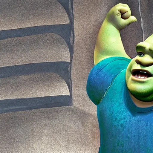 Image similar to smash mouth singer Steve harwell depicted as shrek (1997), DreamWorks animation