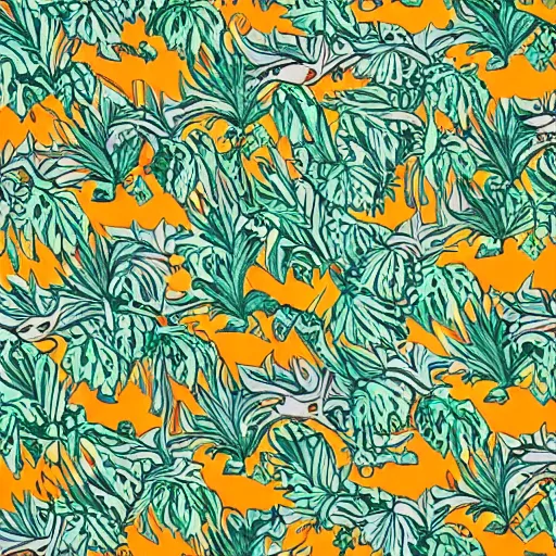 Image similar to a colourful detailed symmetric pattern with dinosaurs and palm trees by William Morris